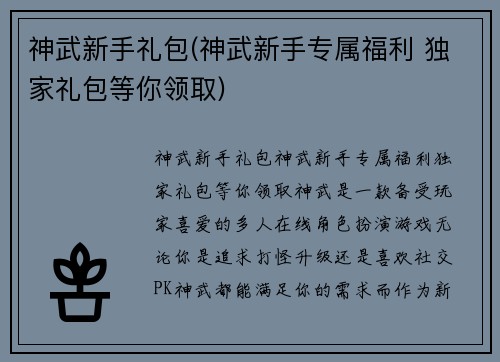 神武新手礼包(神武新手专属福利 独家礼包等你领取)
